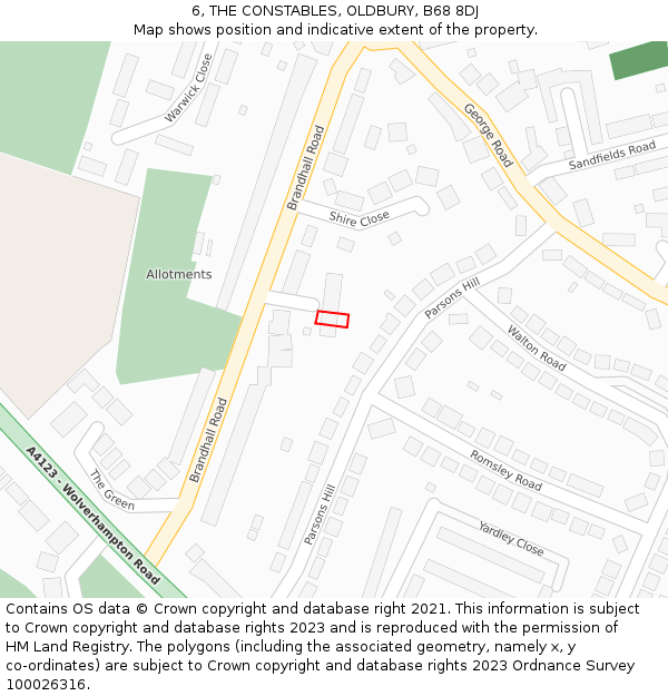 6, THE CONSTABLES, OLDBURY, B68 8DJ: Location map and indicative extent of plot