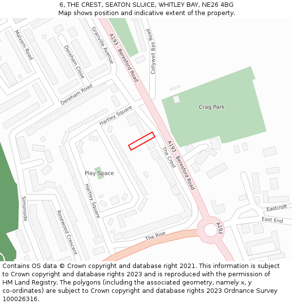 6, THE CREST, SEATON SLUICE, WHITLEY BAY, NE26 4BG: Location map and indicative extent of plot