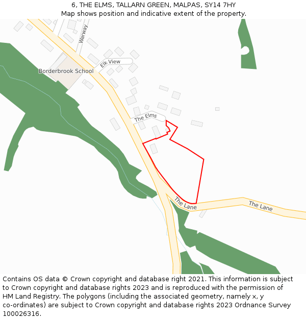 6, THE ELMS, TALLARN GREEN, MALPAS, SY14 7HY: Location map and indicative extent of plot