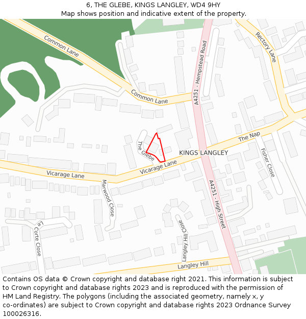 6, THE GLEBE, KINGS LANGLEY, WD4 9HY: Location map and indicative extent of plot