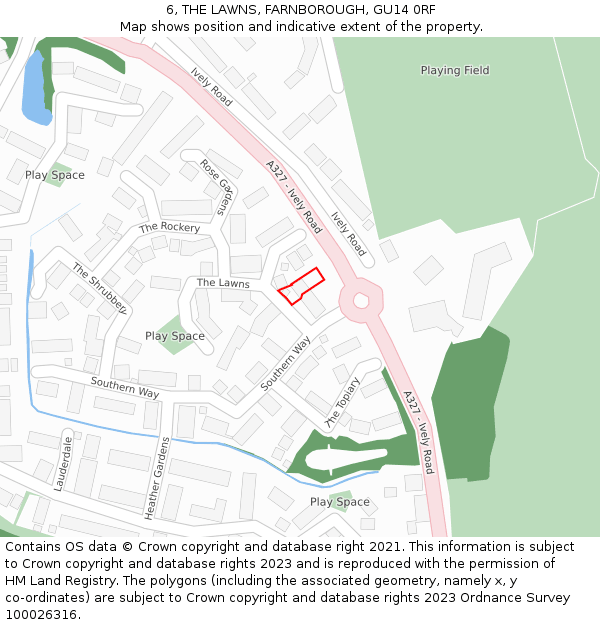 6, THE LAWNS, FARNBOROUGH, GU14 0RF: Location map and indicative extent of plot