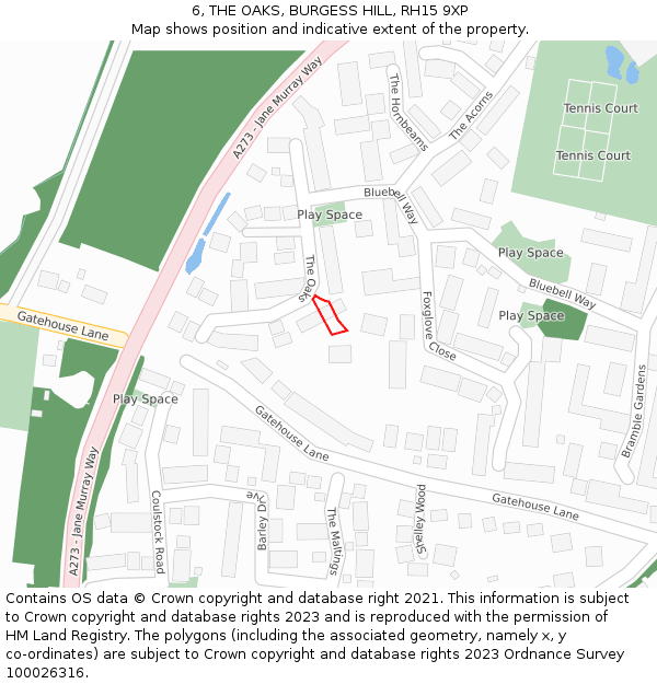 6, THE OAKS, BURGESS HILL, RH15 9XP: Location map and indicative extent of plot