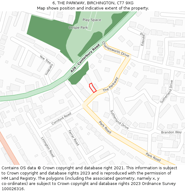 6, THE PARKWAY, BIRCHINGTON, CT7 9XG: Location map and indicative extent of plot