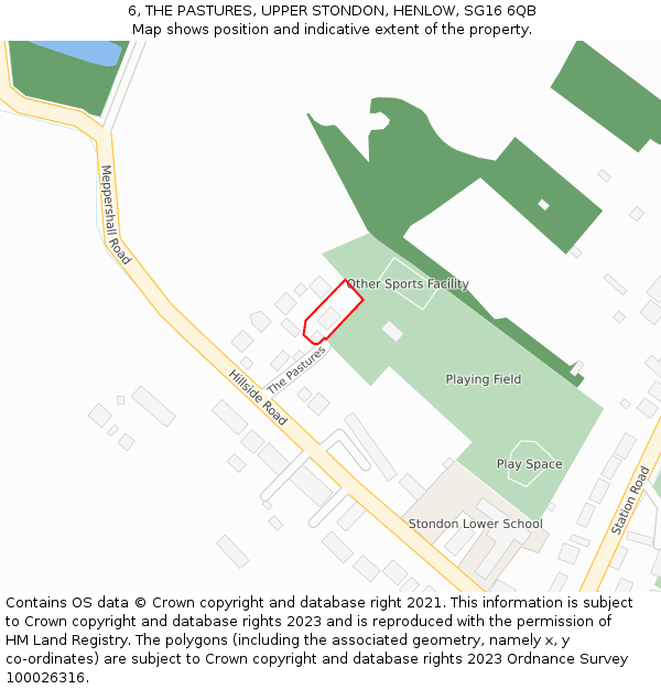 6, THE PASTURES, UPPER STONDON, HENLOW, SG16 6QB: Location map and indicative extent of plot