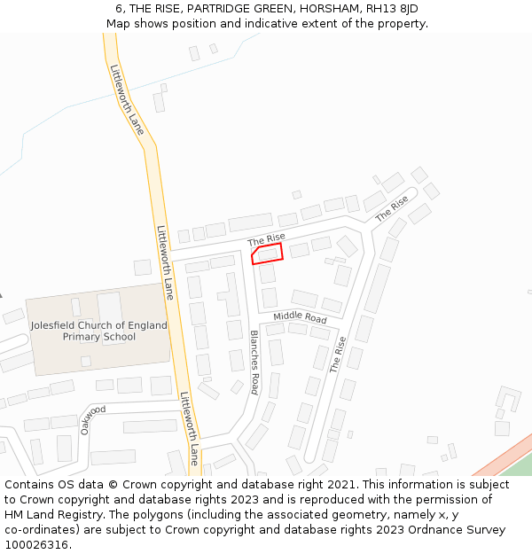 6, THE RISE, PARTRIDGE GREEN, HORSHAM, RH13 8JD: Location map and indicative extent of plot