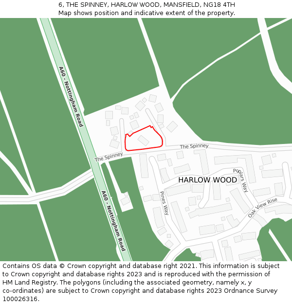 6, THE SPINNEY, HARLOW WOOD, MANSFIELD, NG18 4TH: Location map and indicative extent of plot