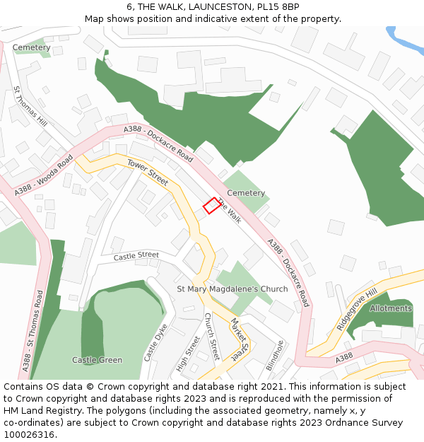 6, THE WALK, LAUNCESTON, PL15 8BP: Location map and indicative extent of plot
