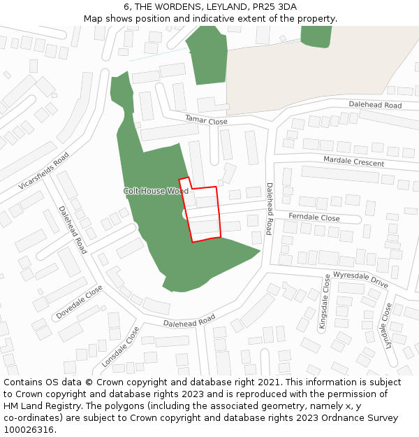 6, THE WORDENS, LEYLAND, PR25 3DA: Location map and indicative extent of plot