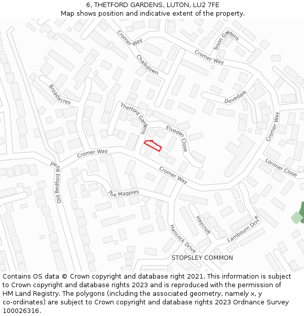 6, THETFORD GARDENS, LUTON, LU2 7FE: Location map and indicative extent of plot