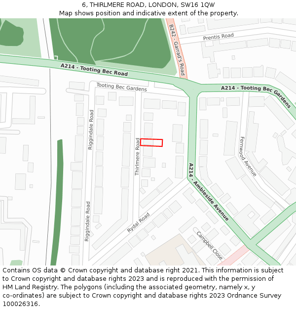 6, THIRLMERE ROAD, LONDON, SW16 1QW: Location map and indicative extent of plot