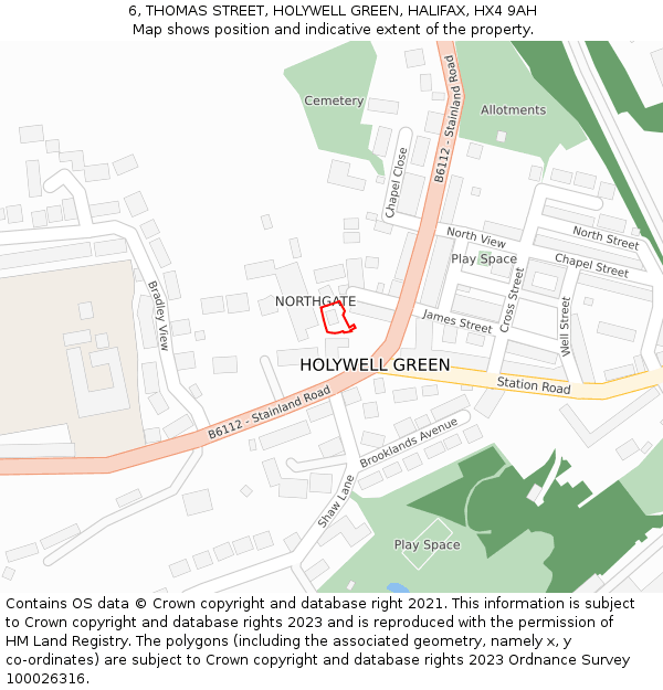 6, THOMAS STREET, HOLYWELL GREEN, HALIFAX, HX4 9AH: Location map and indicative extent of plot