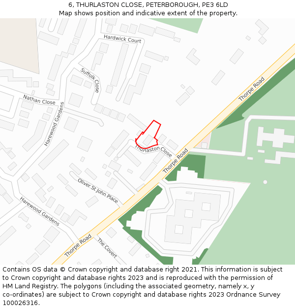 6, THURLASTON CLOSE, PETERBOROUGH, PE3 6LD: Location map and indicative extent of plot