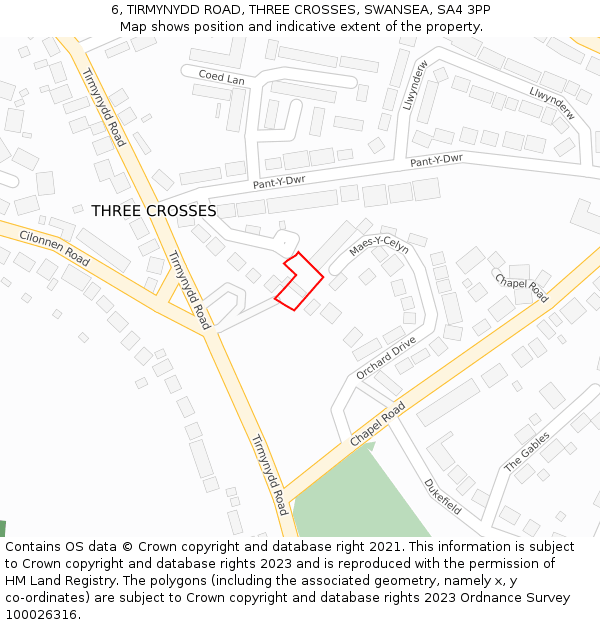 6, TIRMYNYDD ROAD, THREE CROSSES, SWANSEA, SA4 3PP: Location map and indicative extent of plot
