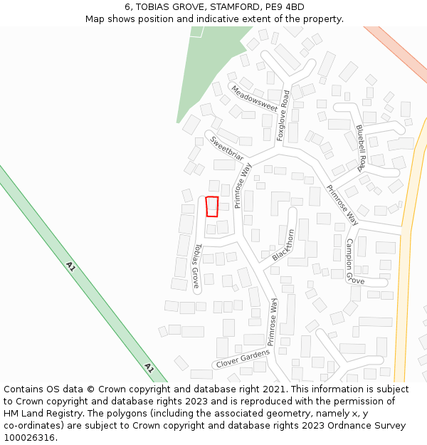 6, TOBIAS GROVE, STAMFORD, PE9 4BD: Location map and indicative extent of plot