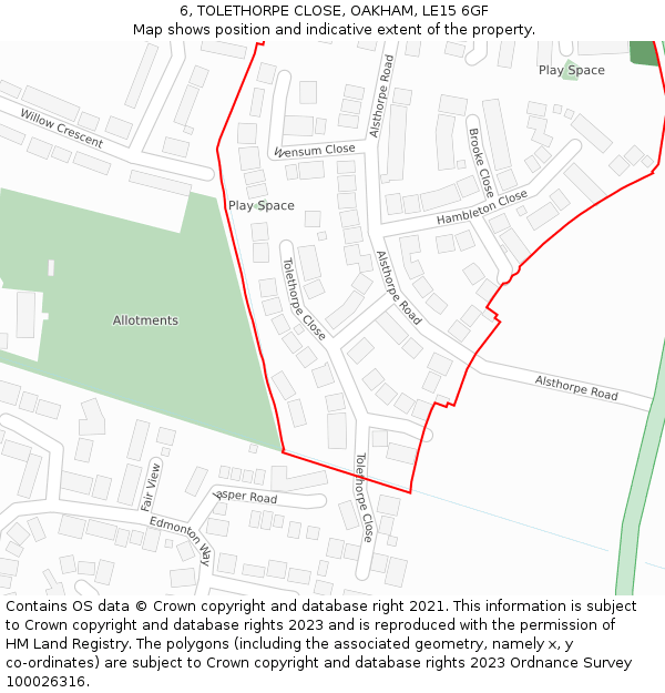 6, TOLETHORPE CLOSE, OAKHAM, LE15 6GF: Location map and indicative extent of plot