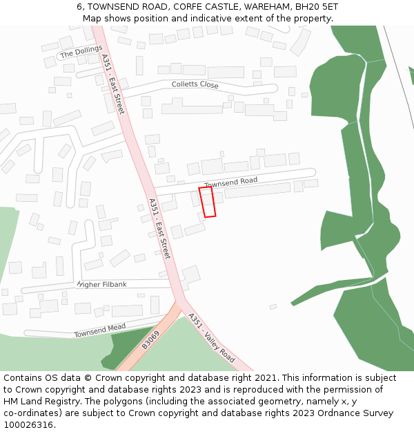 6, TOWNSEND ROAD, CORFE CASTLE, WAREHAM, BH20 5ET: Location map and indicative extent of plot