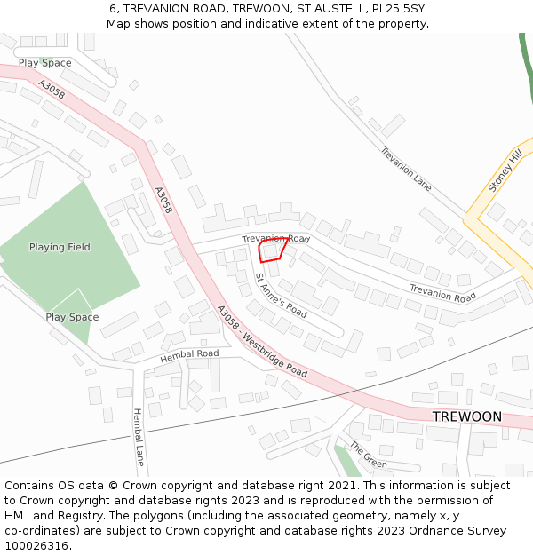 6, TREVANION ROAD, TREWOON, ST AUSTELL, PL25 5SY: Location map and indicative extent of plot