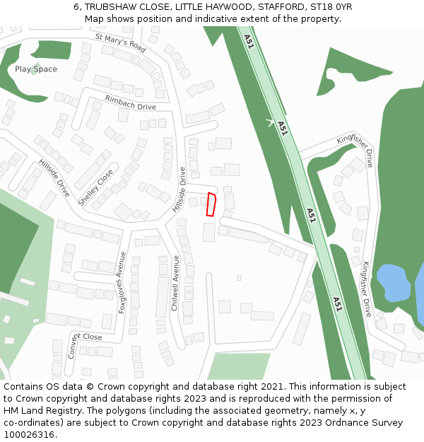 6, TRUBSHAW CLOSE, LITTLE HAYWOOD, STAFFORD, ST18 0YR: Location map and indicative extent of plot