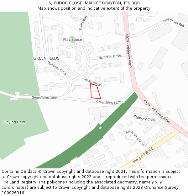 6, TUDOR CLOSE, MARKET DRAYTON, TF9 3QR: Location map and indicative extent of plot