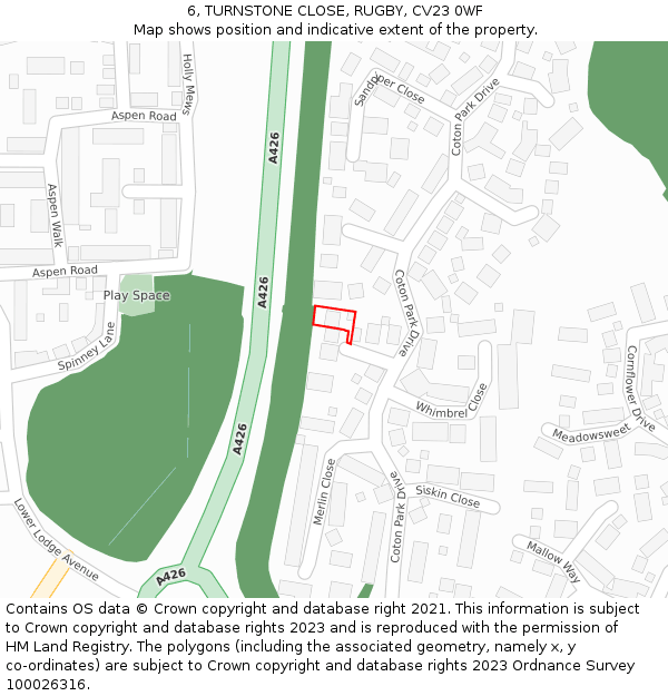 6, TURNSTONE CLOSE, RUGBY, CV23 0WF: Location map and indicative extent of plot