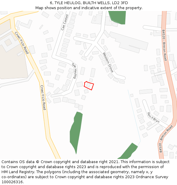 6, TYLE HEULOG, BUILTH WELLS, LD2 3FD: Location map and indicative extent of plot