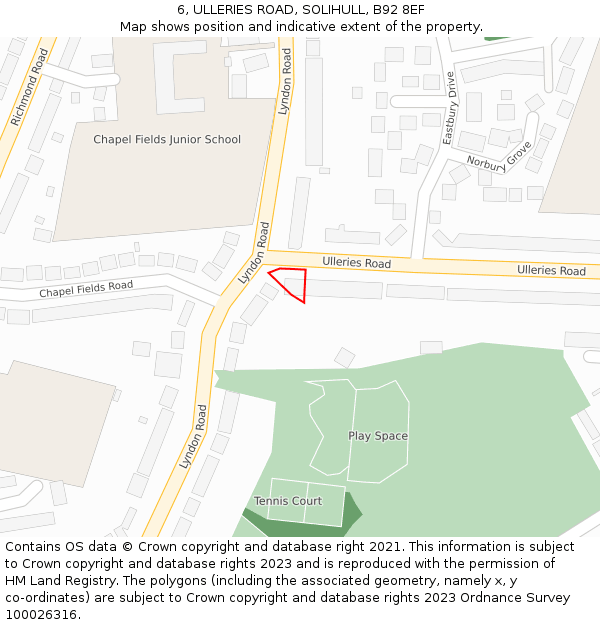 6, ULLERIES ROAD, SOLIHULL, B92 8EF: Location map and indicative extent of plot