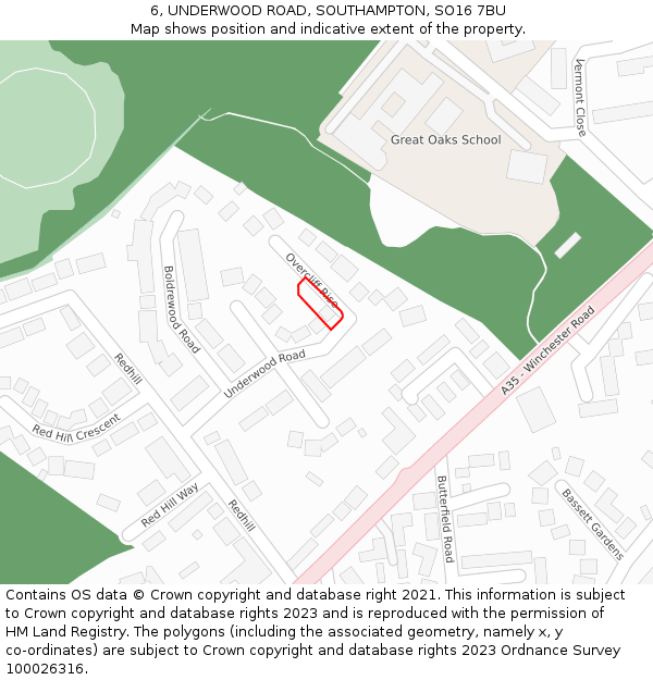 6, UNDERWOOD ROAD, SOUTHAMPTON, SO16 7BU: Location map and indicative extent of plot