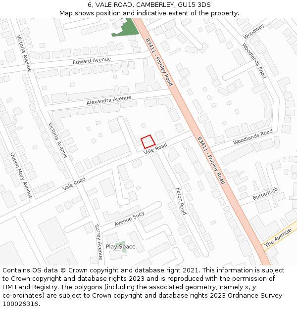 6, VALE ROAD, CAMBERLEY, GU15 3DS: Location map and indicative extent of plot