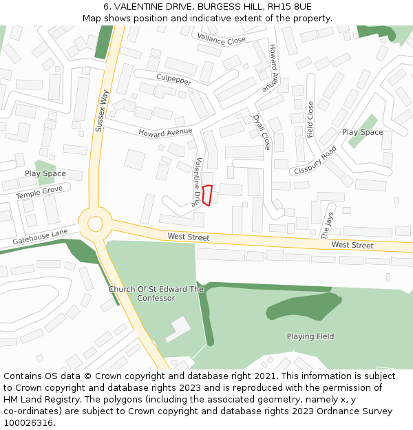 6, VALENTINE DRIVE, BURGESS HILL, RH15 8UE: Location map and indicative extent of plot