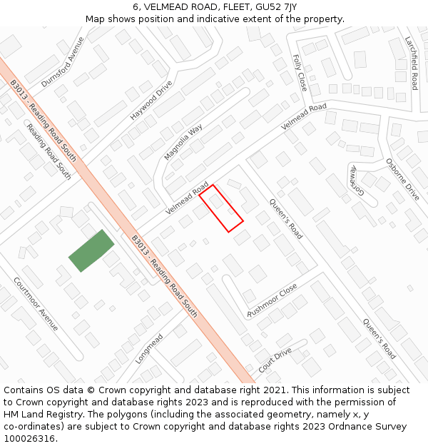 6, VELMEAD ROAD, FLEET, GU52 7JY: Location map and indicative extent of plot