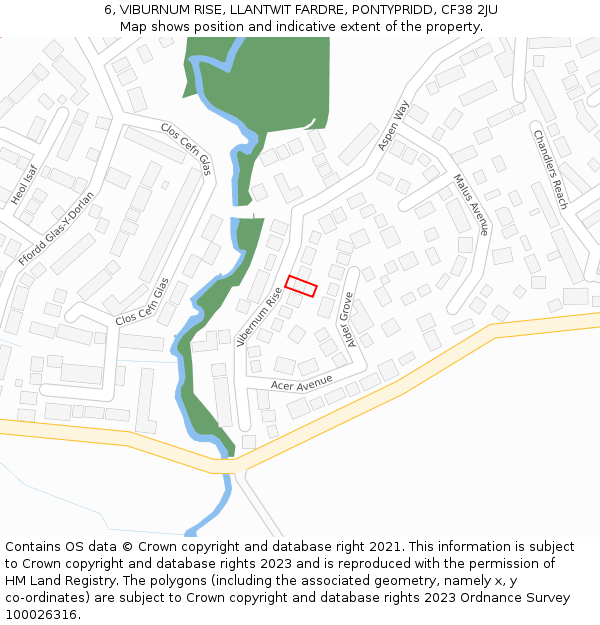 6, VIBURNUM RISE, LLANTWIT FARDRE, PONTYPRIDD, CF38 2JU: Location map and indicative extent of plot