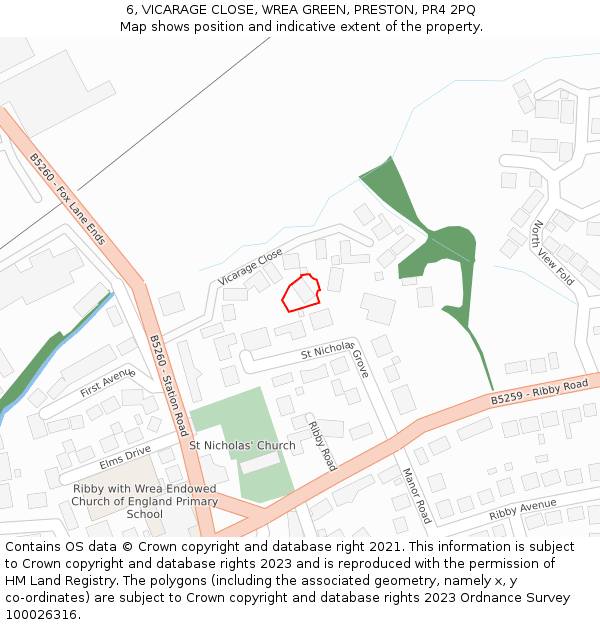 6, VICARAGE CLOSE, WREA GREEN, PRESTON, PR4 2PQ: Location map and indicative extent of plot