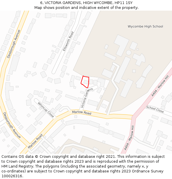 6, VICTORIA GARDENS, HIGH WYCOMBE, HP11 1SY: Location map and indicative extent of plot