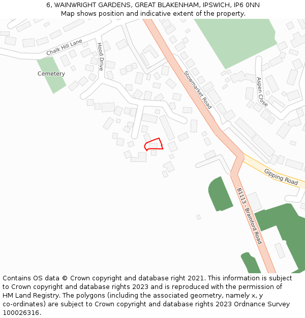 6, WAINWRIGHT GARDENS, GREAT BLAKENHAM, IPSWICH, IP6 0NN: Location map and indicative extent of plot