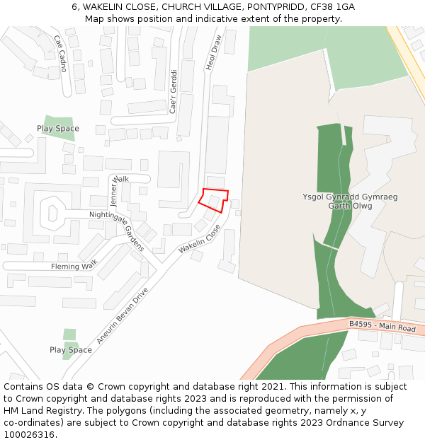 6, WAKELIN CLOSE, CHURCH VILLAGE, PONTYPRIDD, CF38 1GA: Location map and indicative extent of plot