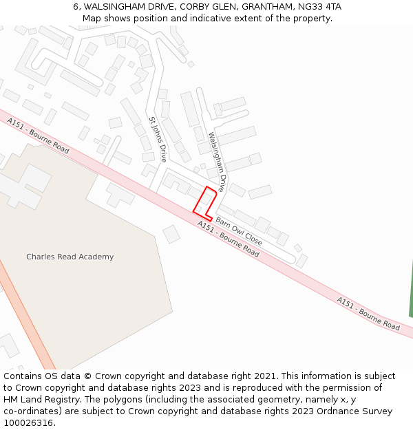 6, WALSINGHAM DRIVE, CORBY GLEN, GRANTHAM, NG33 4TA: Location map and indicative extent of plot