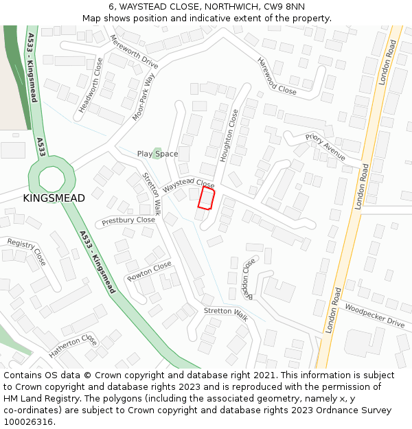 6, WAYSTEAD CLOSE, NORTHWICH, CW9 8NN: Location map and indicative extent of plot