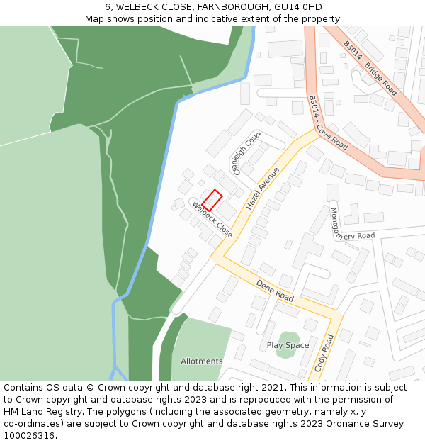 6, WELBECK CLOSE, FARNBOROUGH, GU14 0HD: Location map and indicative extent of plot