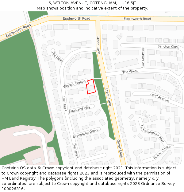 6, WELTON AVENUE, COTTINGHAM, HU16 5JT: Location map and indicative extent of plot