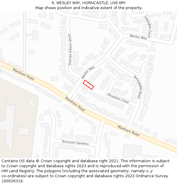 6, WESLEY WAY, HORNCASTLE, LN9 6RY: Location map and indicative extent of plot