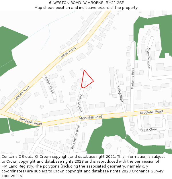 6, WESTON ROAD, WIMBORNE, BH21 2SF: Location map and indicative extent of plot