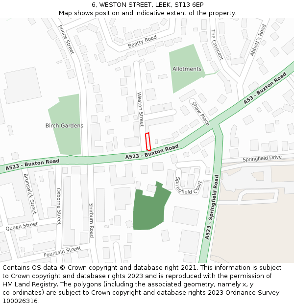 6, WESTON STREET, LEEK, ST13 6EP: Location map and indicative extent of plot