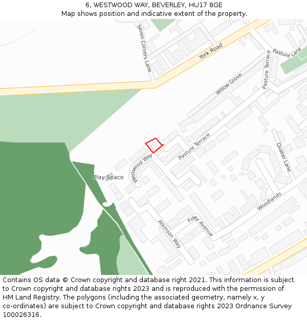 6, WESTWOOD WAY, BEVERLEY, HU17 8GE: Location map and indicative extent of plot