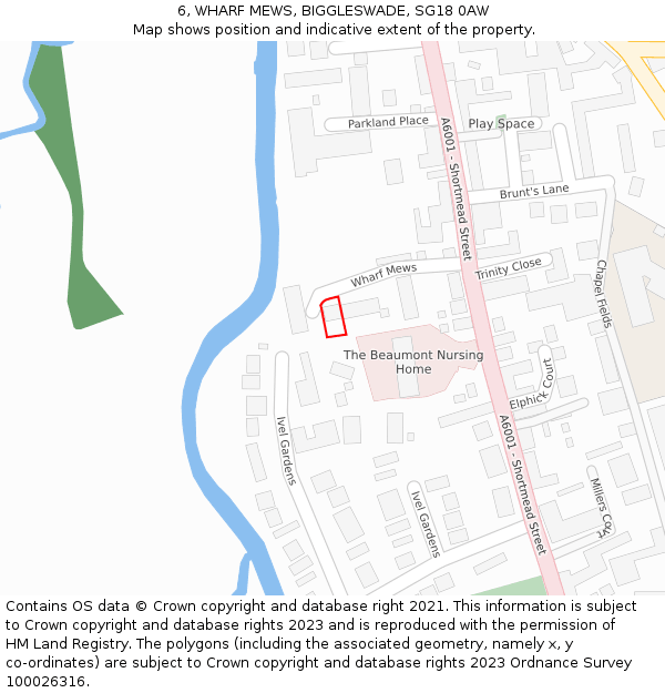 6, WHARF MEWS, BIGGLESWADE, SG18 0AW: Location map and indicative extent of plot