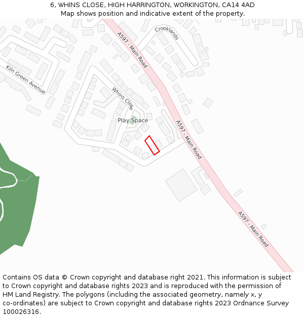 6, WHINS CLOSE, HIGH HARRINGTON, WORKINGTON, CA14 4AD: Location map and indicative extent of plot