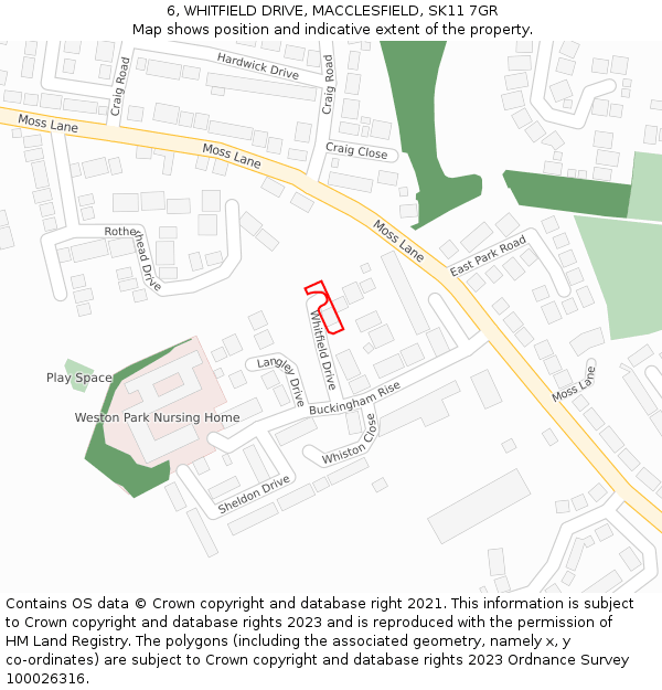 6, WHITFIELD DRIVE, MACCLESFIELD, SK11 7GR: Location map and indicative extent of plot