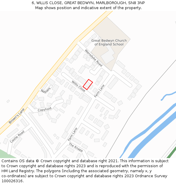 6, WILLIS CLOSE, GREAT BEDWYN, MARLBOROUGH, SN8 3NP: Location map and indicative extent of plot