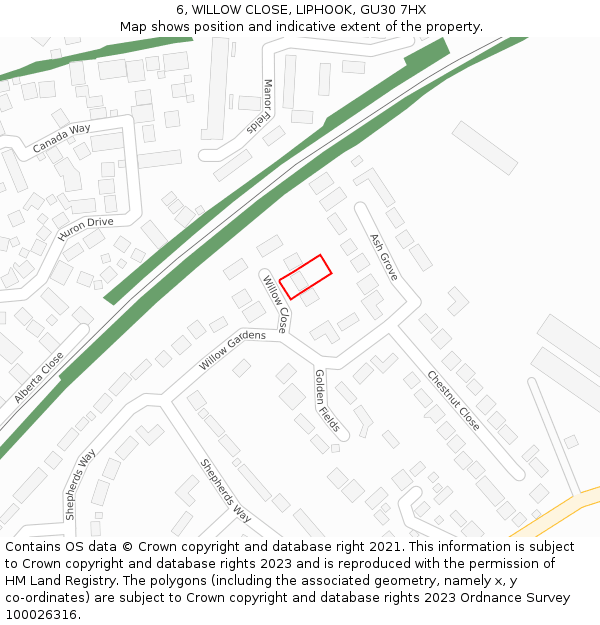 6, WILLOW CLOSE, LIPHOOK, GU30 7HX: Location map and indicative extent of plot