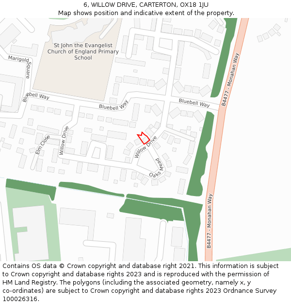 6, WILLOW DRIVE, CARTERTON, OX18 1JU: Location map and indicative extent of plot