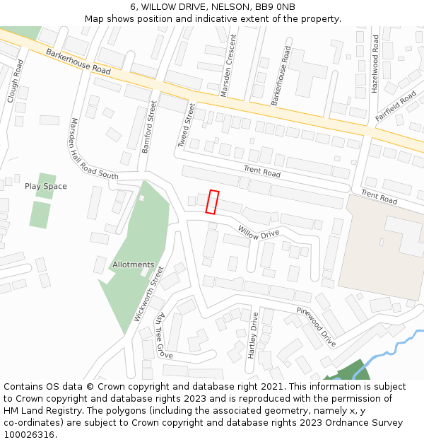 6, WILLOW DRIVE, NELSON, BB9 0NB: Location map and indicative extent of plot